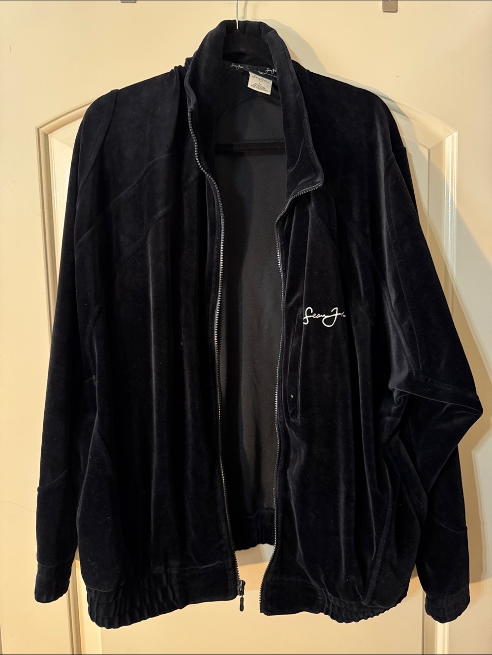 Sean John Velour Zip Up Black Script-Label Jacket Vintage Y2K L